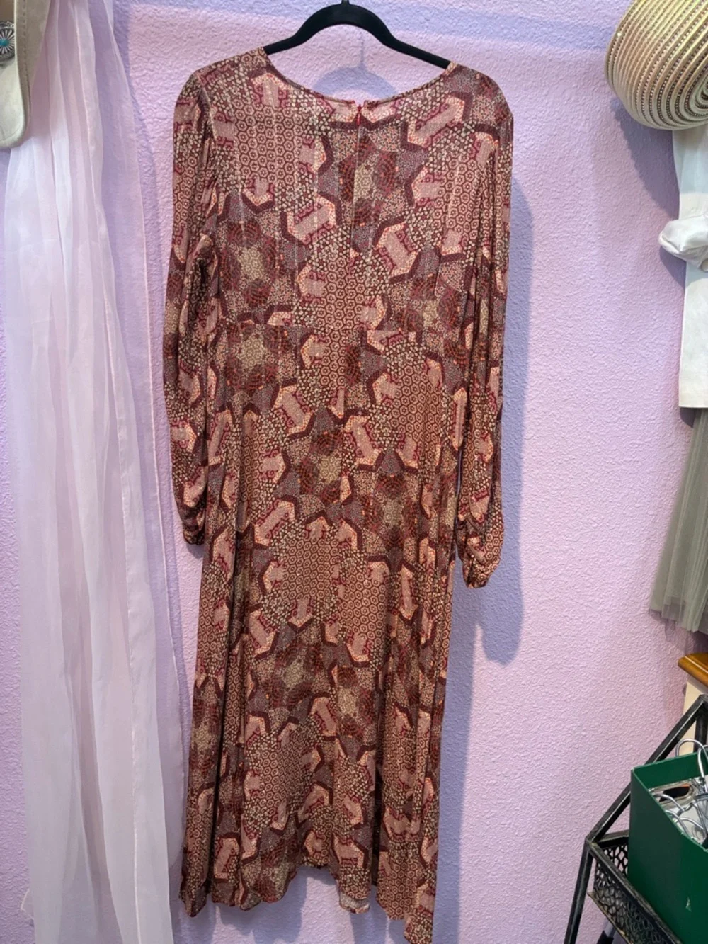 Johnny Was DONOVAN Long Sleeve Pink and Brown Printed Midi Dress - Picture 4 of 6